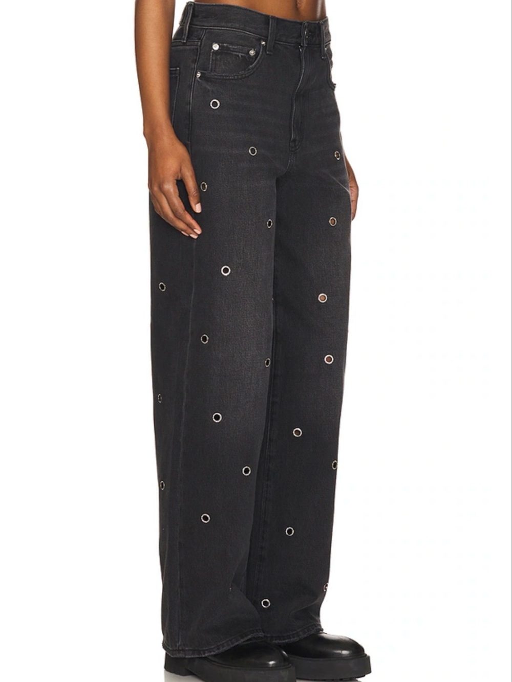 Pistols Hendrix Wide Leg Black Jeans with Eyelet Detail size 30